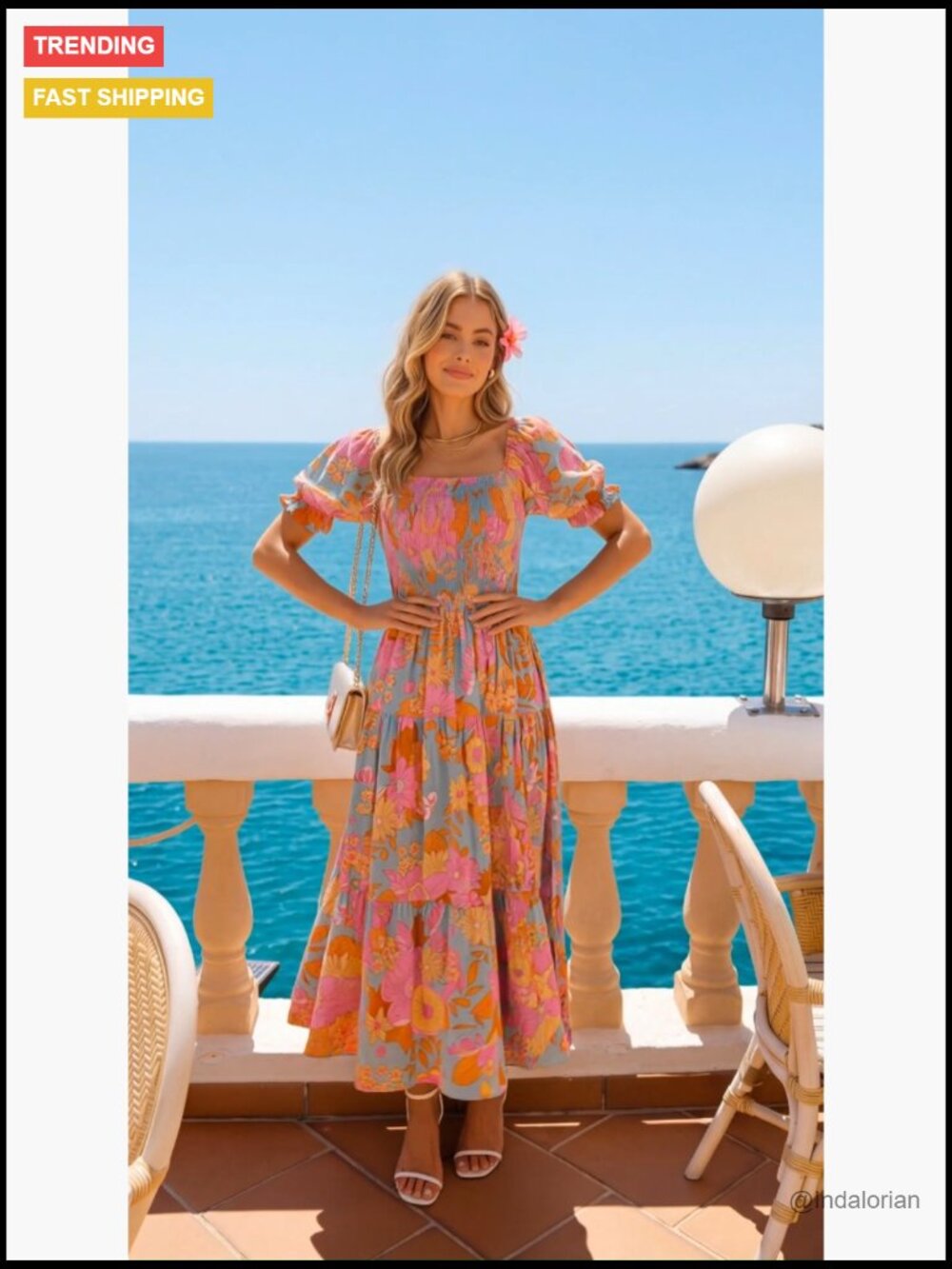 Boho Floral Print Square Neck Ruffle Swing Beach Maxi Dress - Picture 7 of 7
